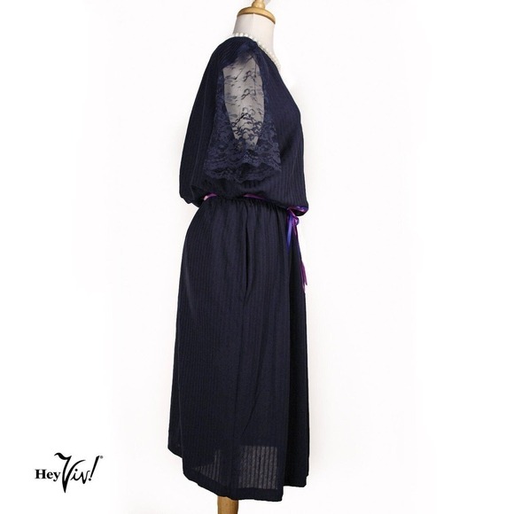 Vintage 80s Blue Dress Padded Shoulder Elastic Waist Lace Sleeves Sz 18 -Hey Viv - Picture 3 of 6